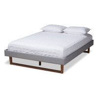 Baxton Studio MG97043-1-Light Grey/Ash Walnut-Bed Frame-Full Liliya Mid-Century Modern Light Grey Fabric Upholstered Walnut Brown Finished Wood Full Size Platform Bed Frame